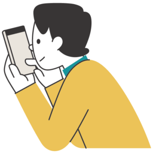 弱視の方が読書をしているイラスト。スマートフォンに顔を近づけている様子。