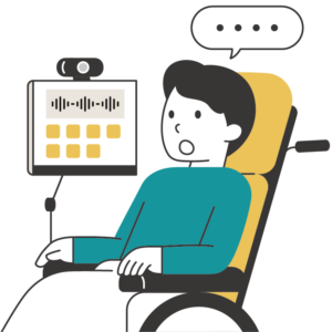 肢体不自由の方が読書をしているイラスト。タブレットを声で操作している様子。